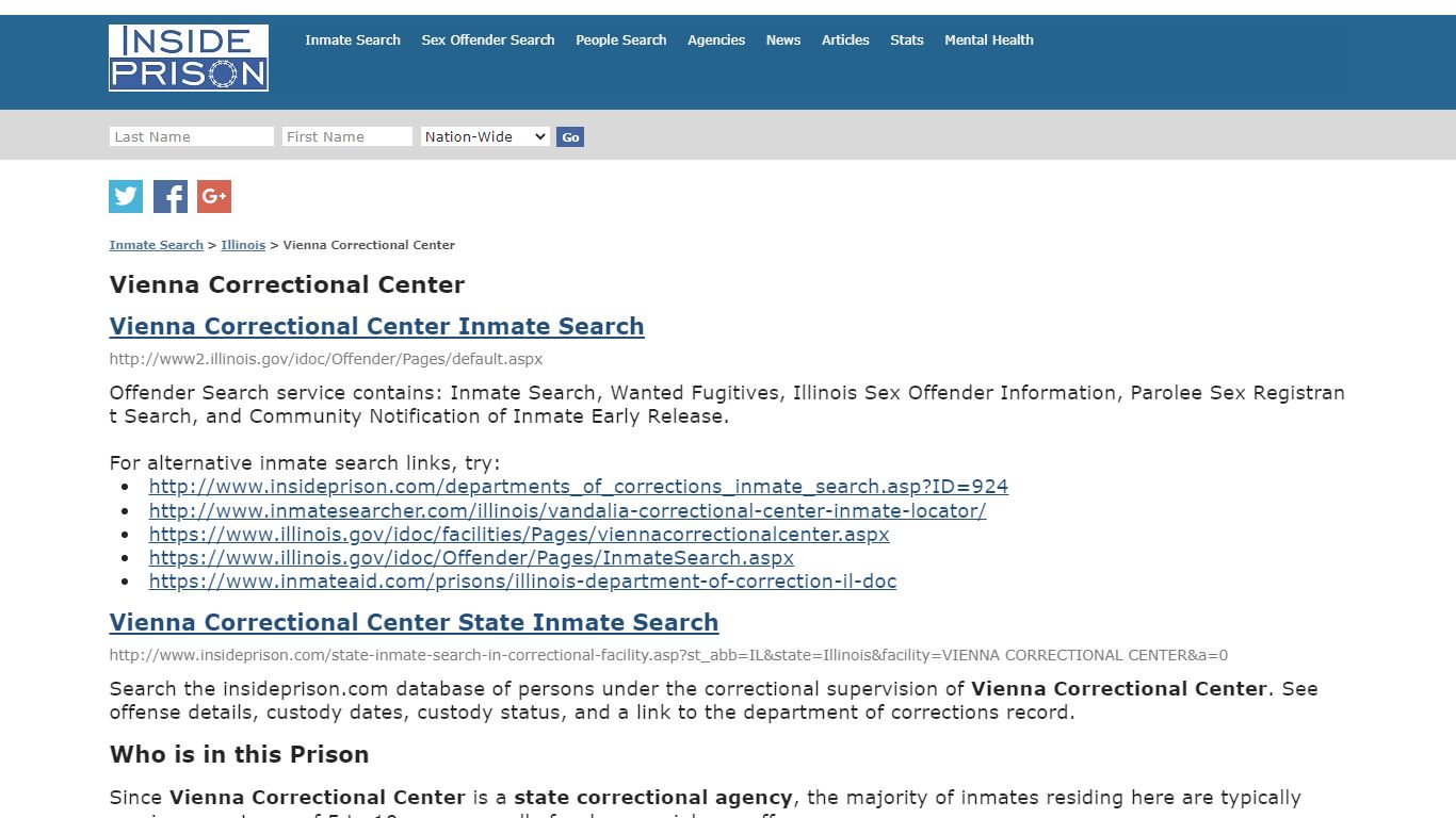 Vienna Correctional Center - Illinois - Inmate Search